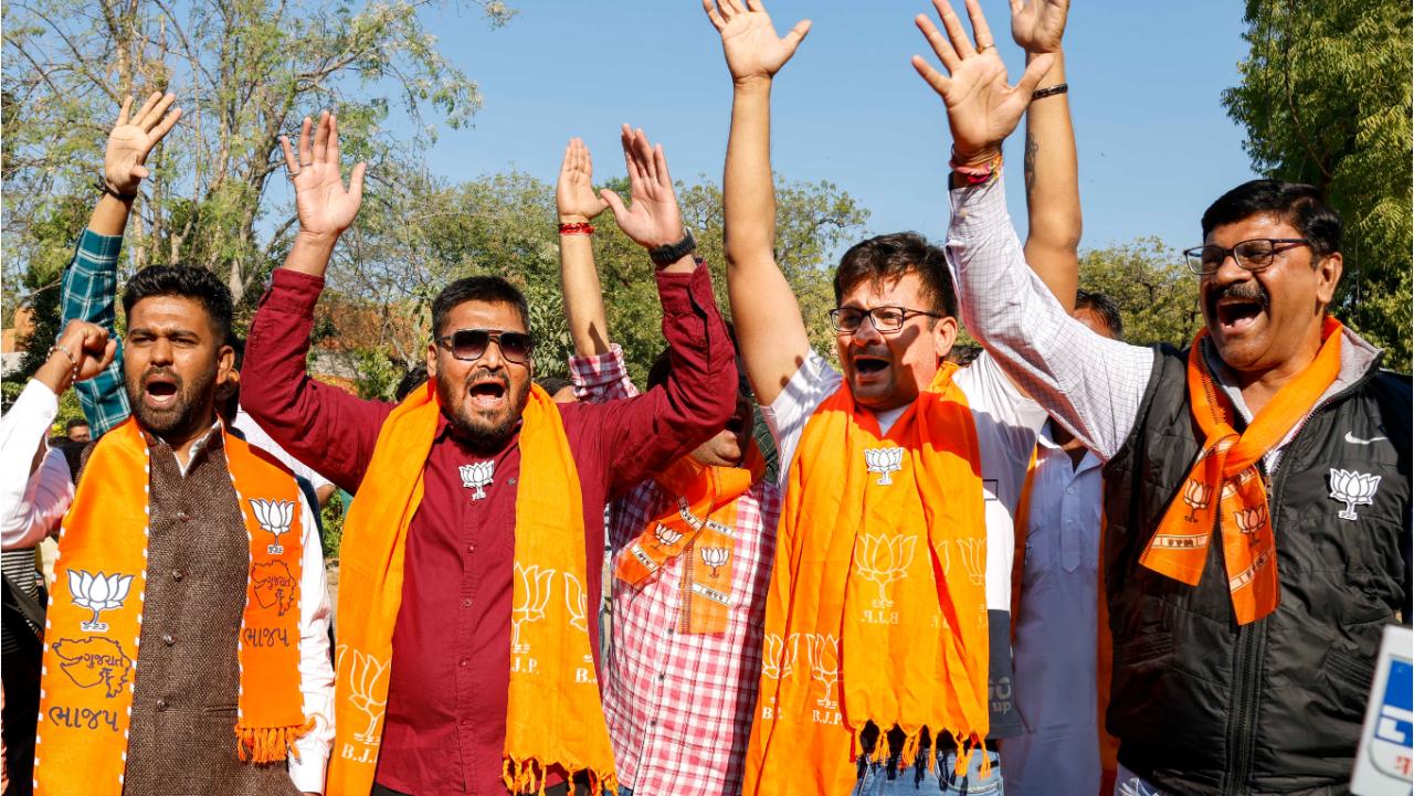 BJP workers celebrate Gujarat Assembly election results in Ahmedabad